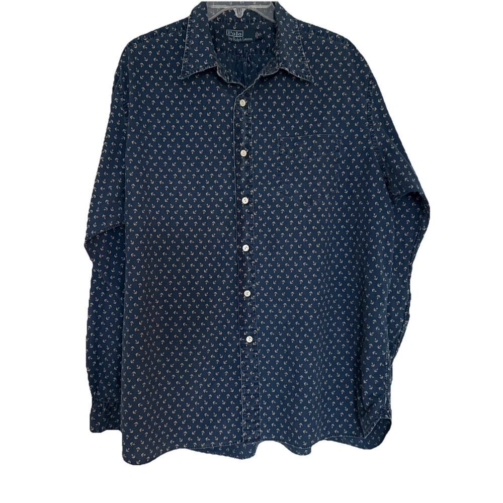 Mens Polo Ralph Lauren Blue Long Sleeve Button Down Shirt XL Anchor Print